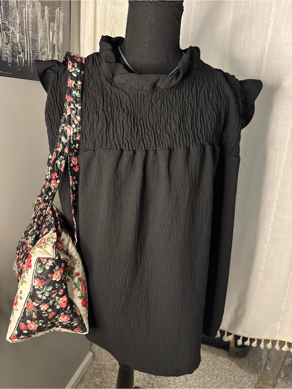 Black Smocked Neck Sleeveless Top